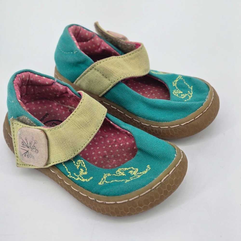 Livie & Luca Pip Teal Canvas Yellow Bunny Mary Jane Infant Toddler Shoes 4 GUC